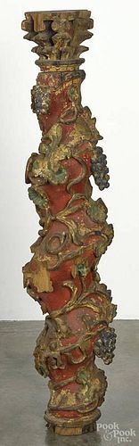 Italian carved and painted oak pedestal, 19th c., with grapevine decoration, 42'' h.