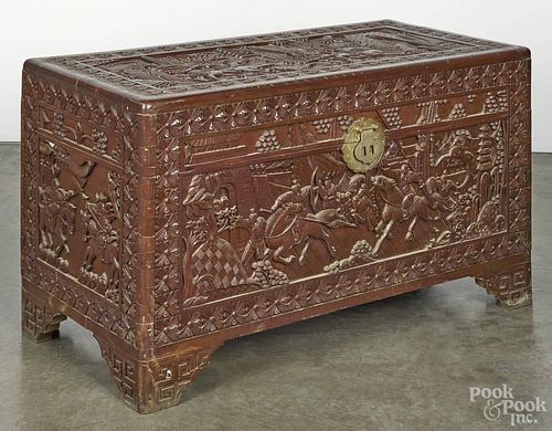 Chinese carved camphor wood chest, early 20th c., 23'' h., 39'' w.