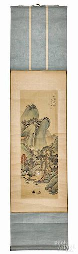 Two Chinese painted scrolls with landscapes, 13 1/4'' w. and 21 1/2'' w.
