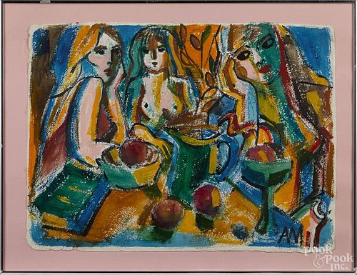 Arnold Wood (Canadian 1930-1993), watercolor and gouache, titled PicNic, 23'' x 32''.