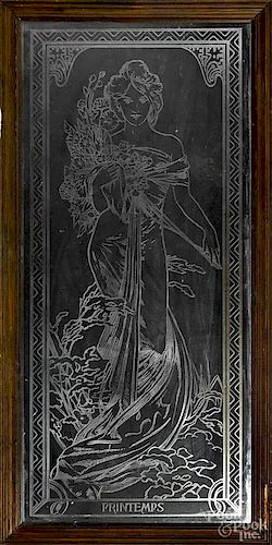 Contemporary etched glass mirror decorated with a Victorian woman, inscribed Printemps