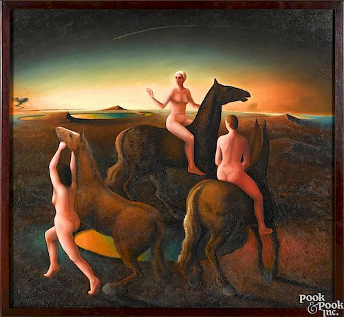 Elling Reitan (Norwegian, b. 1949), oil on canvas of nude women on horseback, signed and dated