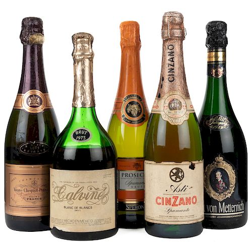 Champagne / Vino espumoso. Veuve Clicquot Ponsardin Ros_, FÙrst Von Metternich, Asti, Prosseco y Calvi_e. Piezas: 5.