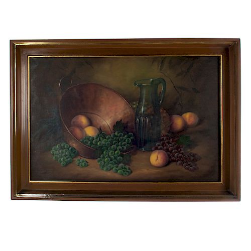 Carlos Ayala Gress. Bodegón con uvas y jarra. Óleo sobre tela. Enmarcado en madera.