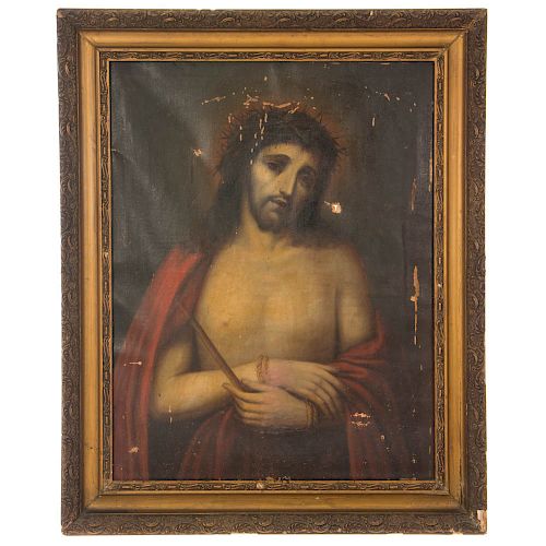 Anónimo. Jesús Rey de Burlas “El Señor de la Caña”. Siglo XIX. Óleo sobre tela. Enmarcado en madera dorada.