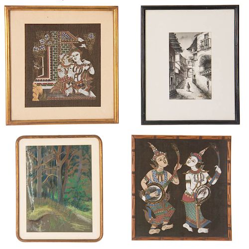 Lote de 4 obras pictóricas y gráficas. Consta de Escena rural, Bosque, y 2 escenas mitológicas orientales.