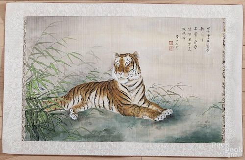 Chinese watercolor scroll of a tiger, 17'' x 27''.