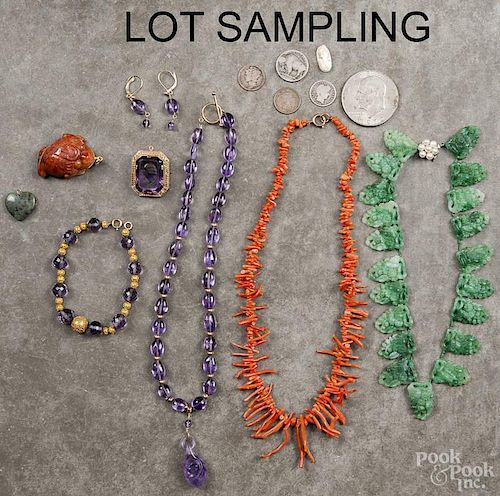 Group of assorted jewelry and coins, to include a branch coral beaded necklace