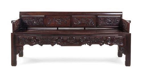 * A Chinese Relief Carved Hardwood Bench Height 31 3/8 x width 71 1/2 x depth 22 3/4 inches.