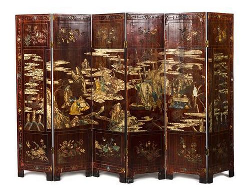* A Coromandel Six-Panel Folding Screen Height of each panel 76 1/2 x width 19 inches.