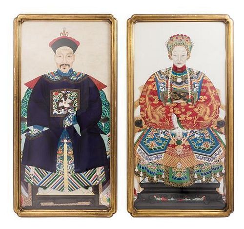 * A Pair of Ancestral Portraits Height 25 x width 12 inches.