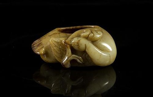 A Carved Jade Goose Form Coupe Width 3 1/4 inches.