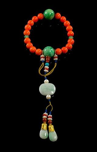 Red Coral and Jadeite Prayer Beads, Shouchuan Diameter 3 3/4 inches.