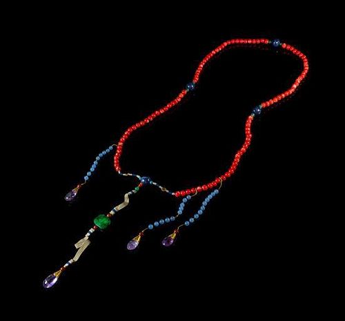 A Red Coral and Aquamarine Court Necklace, Chaozhu Length overall 25 1/2 inches.