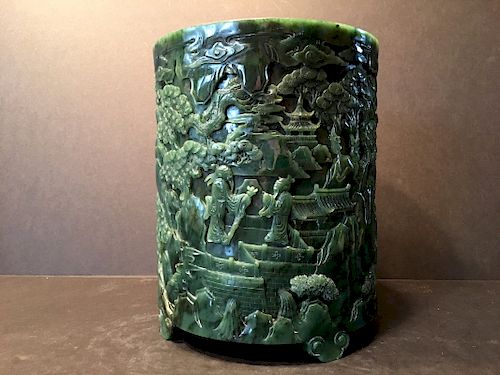 AN OLD Large Chinese Spinach Jade Brush Pot, late Qing period
