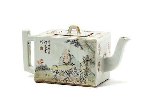 A Qianjiang Enameled Porcelain Tea Pot Height over handle 3 5/8 inches.