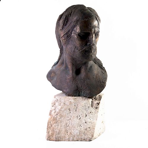 Emilio Greco. Italia, s. XX. Busto masculino. Fundición en bronce patinado, sobre base de piedra. Firmado.