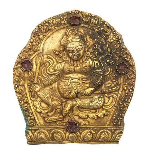A Tibetan Gilt Bronze Plaque Height 8 3/4 x width 8 inches.