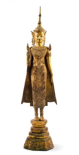 * A Thai Gilt Bronze Figure of Buddha Height 40 1/2 inches.