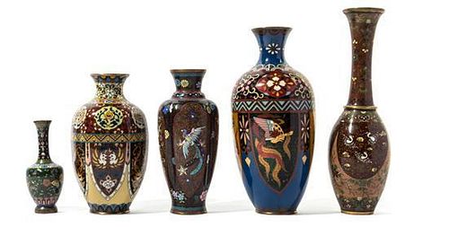 Five Japanese Cloisonne Vases Height of tallest 10 1/4 inches.