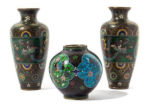 Three Japanese Cloisonne Vases Height of tallest 6 inches.