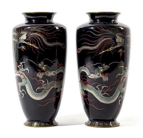 A Pair of Japanese Cloisonne Vases Height of pair 9 1/2 inches.