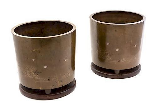 A Pair of Japanese Bronze Censers Height of bronze 9 1/2 inches.