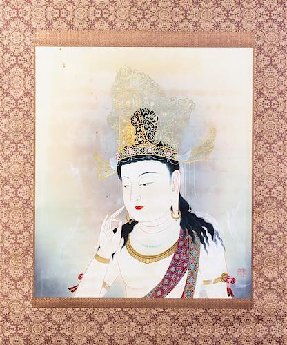 A Scroll Painting of Nyorin Kannon Height 19 3/6 x width 17 inches.