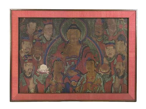A Korean Buddhist Painting Height 27 x width 39 1/2 inches.