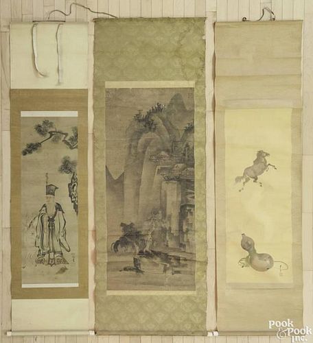Three watercolor Oriental scrolls, 19th/early 20th c.