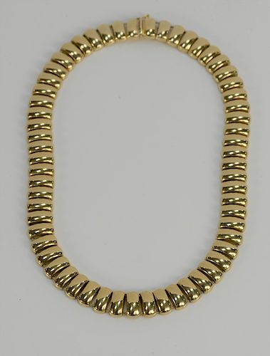 14 karat gold necklace with domed rectangular links.
length 16 inches, width 1/2 inch, 66.9 grams