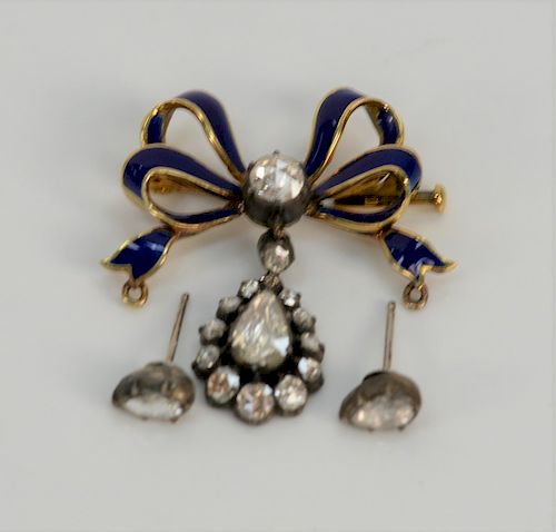 18 karat gold Austrian brooch, cobalt enameled, set with diamonds, .60 ct. rose cut diamonds in bow with hanging pear shaped diamond...