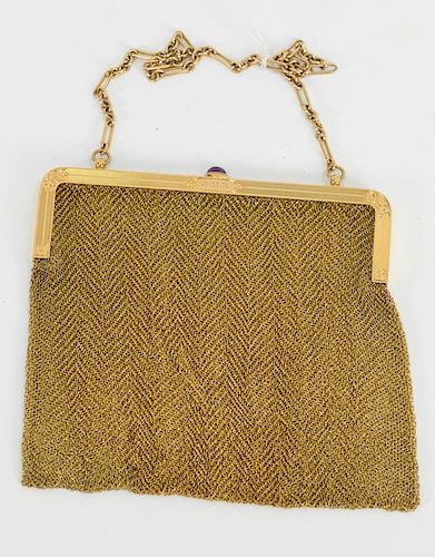 14 karat gold mesh handbag with amethyst clasp, initialed: SHR, marked: MRS. D. H. Rowe Pittsburgh. 
189 grams