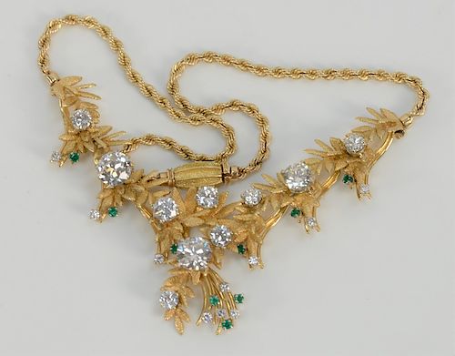 Diamond necklace, 14 karat rope chain with 18 karat leaf design trim in seven sections, set with twenty diamonds, 2.33 cts. K color...