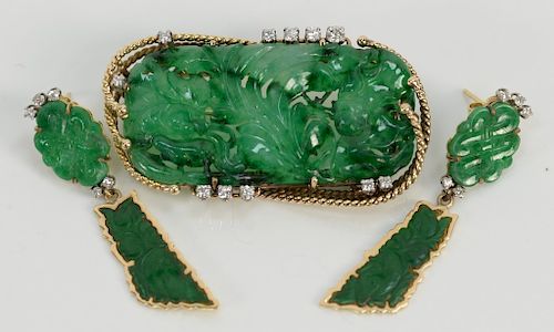 Three piece 14 karat gold lot to include pierced carved bright green jade brooch, mounted with eleven diamonds, signed ED, and pair ...