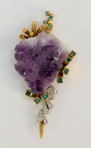 18 karat gold pendant set with amethyst stone mounted with nine diamonds and ten small emeralds. 
height 2.25 inches,