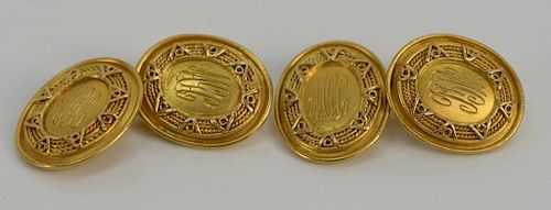 Pair of Tiffany 18 karat gold cufflinks, oval form, monogrammed. 
23.3 grams