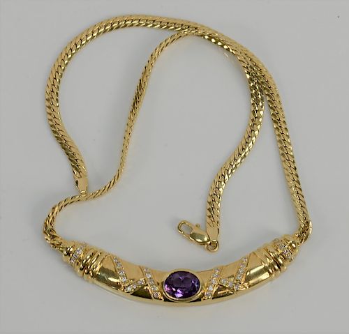 18 karat gold necklace with flat link chain and center amethyst with small diamonds. 
15 3/4 inches