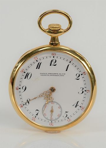 Patek Philippe 18 karat open face pocket watch, made for Tilden Thurber Co., Prov. R.I., monogrammed. 
44 mm