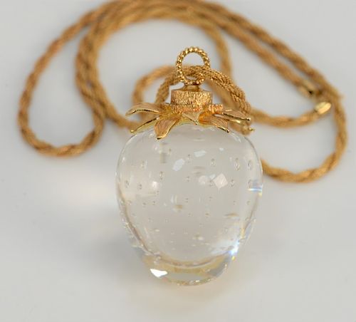 Steuben glass strawberry crystal pendant with 18 karat gold top and 14 karat meshed chain, in original box. 
length 22 1/2 inches, c...