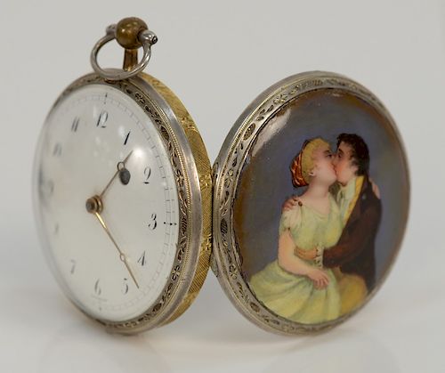 Breguet silver gilt erotic large pocket watch, 
white enameled dial marked: Breguet, gilt gold center section and back having large ...