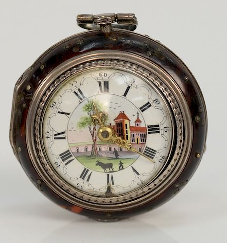 Tarts silver repousse cased pocket watch, 
having white enameled face with painted castle and landscape, chipped enamel, repousse si...