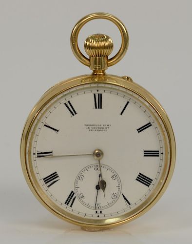 18 karat gold Russells Limited pocket watch, 
white enameled dial marked Russells Lim 18 Church St. Liverpool, works marked: Time Da...