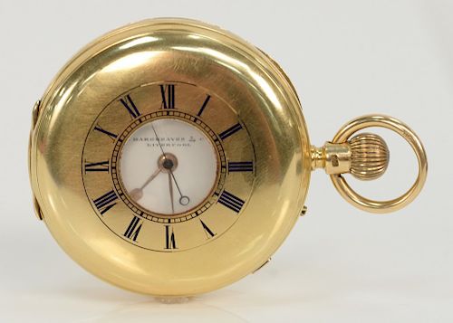 J. Hargreaves & Co. Liverpool pocket watch 18 karat gold Half Hunter,  having plain case with blue enameled outer dial, opening to...