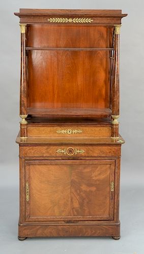 French Regency mahogany two part cabinet,  bookshelf top with drawer on gilt bronze mounted columns, set on base with one drawer and...