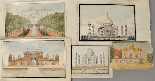 Group of seven Indian School Taj Mahal-Agra miniature watercolors to include: 
"View of the _____", signed and titled on verso; 
"Um...