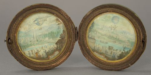 Pair of Round French miniature hot air balloons landscapes,  gouache on paper in round shagreen folding case, marked on bottom: Albr...