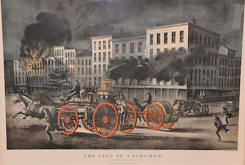 Currier & Ives, 
colored lithograph, 
"The Life of a Fireman", 
The Metropolitan System 1866, 
sight size 19 1/2" x 27 1/2" 

Proven...