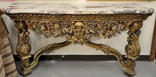 Pair of Louis XIV style console tables with shaped marble tops, 
on pierce carved tables with carved putti faces and scrolling flowe...