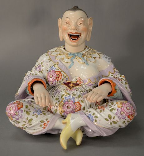 Large Meissen porcelain nodder, 
seated figure with floral painted gown, nodding head, and movable tongue and hands, each signed wit...